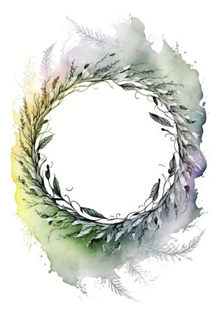 Floral botanical wreath watercolor. Wedding background card floral decorative border. Leaves minimalistic frame. Plants, branches, Herbal. Greenery wedding invitation. leaf, Watercolor, line drawing style.の素材