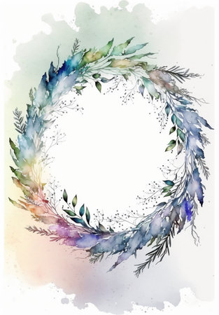 Floral botanical wreath watercolor. Wedding background card floral decorative border. Leaves minimalistic frame. Plants, branches, Herbal. Greenery wedding invitation. leaf, Watercolor, line drawing style.の素材