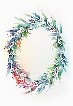 Floral botanical wreath watercolor. Wedding background card floral decorative border. Leaves minimalistic frame. Plants, branches, Herbal. Greenery wedding invitation. leaf, Watercolor, line drawing style.の素材