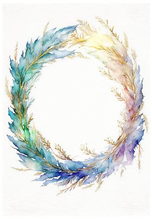 Floral botanical wreath watercolor. Wedding background card floral decorative border. Leaves minimalistic frame. Plants, branches, Herbal. Greenery wedding invitation. leaf, Watercolor, line drawing style.の素材
