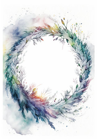 Floral botanical wreath watercolor. Wedding background card floral decorative border. Leaves minimalistic frame. Plants, branches, Herbal. Greenery wedding invitation. leaf, Watercolor, line drawing style.の素材