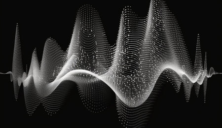 Wave Background. Sound waves. Dynamic effect. illustration with particle wave flow. Abstract futuristic technology background banner, card, template design.の素材