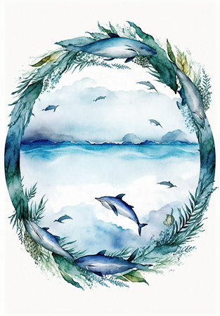Let's save our oceans. Watercolor illustration for Earth Day or Ocean Day. Blue Under Water waves and bubbles.の素材