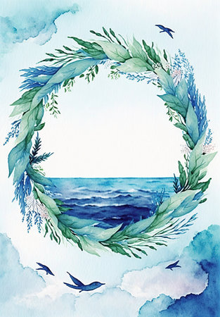 Let's save our oceans. Watercolor illustration for Earth Day or Ocean Day. Blue Under Water waves and bubbles.の素材