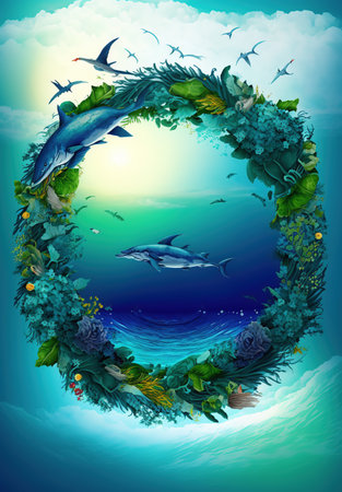 Let's save our oceans. Watercolor illustration for Earth Day or Ocean Day. Blue Under Water waves and bubbles.の素材