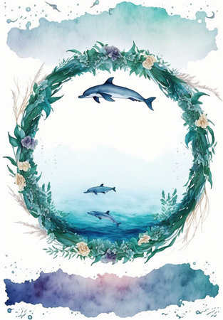 Let's save our oceans. Watercolor illustration for Earth Day or Ocean Day. Blue Under Water waves and bubbles.の素材