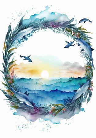 Let's save our oceans. Watercolor illustration for Earth Day or Ocean Day. Blue Under Water waves and bubbles.の素材