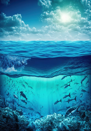 Let's save our oceans. Watercolor illustration for Earth Day or Ocean Day. Blue Under Water waves and bubbles.の素材