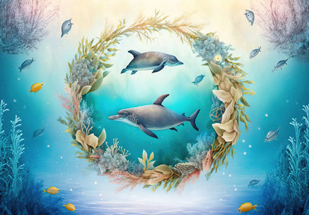 Let's save our oceans. Watercolor illustration for Earth Day or Ocean Day. Blue Under Water waves and bubbles.の素材