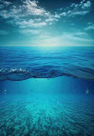 Let's save our oceans. Watercolor illustration for Earth Day or Ocean Day. Blue Under Water waves and bubbles.の素材