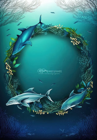 Let's save our oceans. Watercolor illustration for Earth Day or Ocean Day. Blue Under Water waves and bubbles.の素材