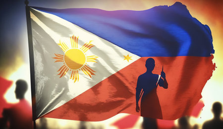 Happy national holiday. Celebrated annually on June 12 in Philippine. Patriotic poster design.の素材