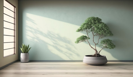 A spacious room with a serene sage green wall and a prominent Japanese bonsai tree in a pot, sitting on a stylish brown parquet floor that basks in the sunlight. Stunning background for interior design, furniture or appliance product displaysの素材
