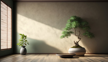 A spacious room with a serene sage green wall and a prominent Japanese bonsai tree in a pot, sitting on a stylish brown parquet floor that basks in the sunlight. Stunning background for interior design, furniture or appliance product displaysの素材