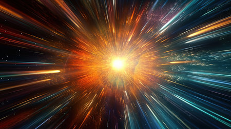 Star warp. Hyperspace jump, traces of moving stars light and interstellar fast speed travel. Wormhole space tunnel abstract background illustration.の素材