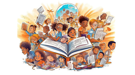 Happy Literacy Day. Young People celebrate Literacy Day by reading books.の素材