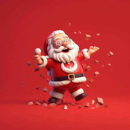 Merry Santa Claus. Smiling cartoon old man in clauses suit, Christmas and New Year background. Pile gift box realistic 3d santa claus. Xmas pine fir lush tree.の素材