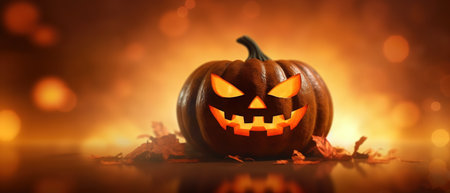 Halloween pumpkins in a forest with a glowing light. Witch wearing hat. wreath of halloween. Ai generatedの素材