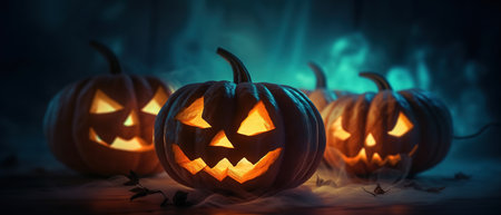Halloween pumpkins in a forest with a glowing light. Witch wearing hat. wreath of halloween. Ai generatedの素材