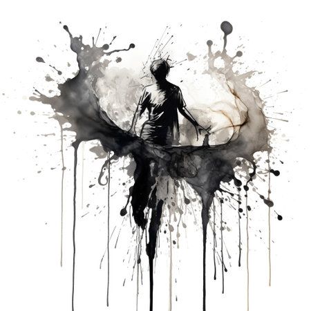 Bright ink or watercolor splash splatter stain brush strokes on white background.の素材