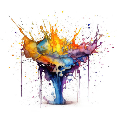 Bright ink or watercolor splash splatter stain brush strokes on white background.の素材