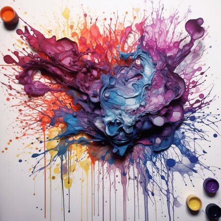 Bright ink or watercolor splash splatter stain brush strokes on white background.の素材
