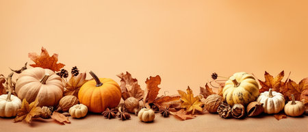 Festive autumn decor from pumpkins, berries and leaves on a white wooden background. Concept of Thanksgiving day or Halloween.の素材