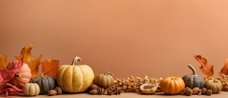 Festive autumn decor from pumpkins, berries and leaves on a white wooden background. Concept of Thanksgiving day or Halloween.の素材