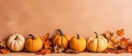 Festive autumn decor from pumpkins, berries and leaves on a white wooden background. Concept of Thanksgiving day or Halloween.の素材