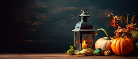 Festive autumn decor from pumpkins, berries and leaves on a white wooden background. Concept of Thanksgiving day or Halloween.の素材