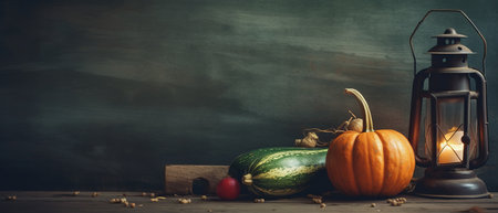 Festive autumn decor from pumpkins, berries and leaves on a white wooden background. Concept of Thanksgiving day or Halloween.の素材