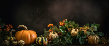 Festive autumn decor from pumpkins, berries and leaves on a white wooden background. Concept of Thanksgiving day or Halloween.の素材