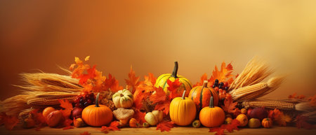 Festive autumn decor from pumpkins, berries and leaves on a white wooden background. Concept of Thanksgiving day or Halloween.の素材