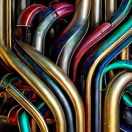 Abstract metal pipes. Tight weave with each other. Generative AI.の素材