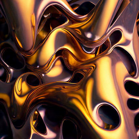 Abstract gold wavy shapes texture. Futuristic abstract background. Generative AI.の素材