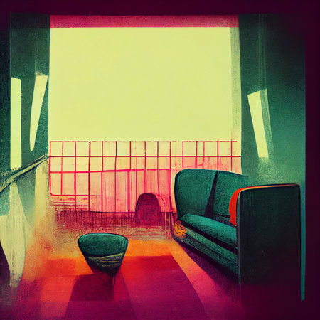 Living room interior retro design. Grunge retro drawing style. Generative AI.の素材