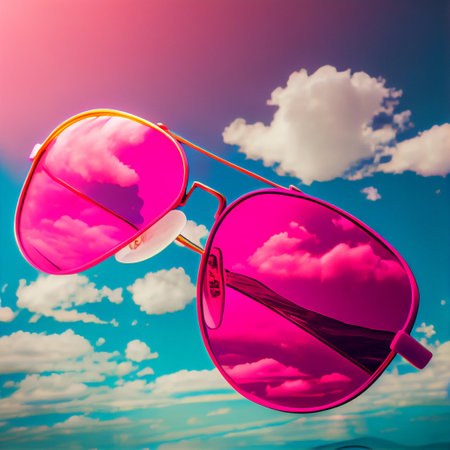 Closeup of mirror bright pink protective sunglasses.. Summer vacation concept. Pink glasses. Generative AI.の素材
