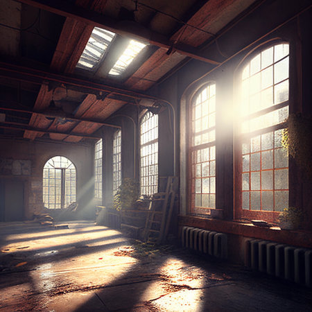 Aged old abandoned factory interior. Vintage room. Generative AI.の素材
