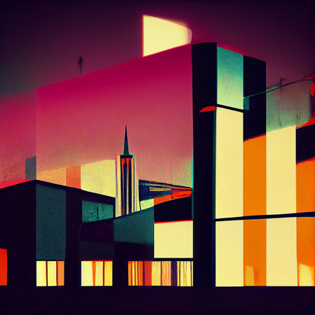 Generative AI. Retro cityscape. Grunge cartoon style. Imitation of painting.の素材