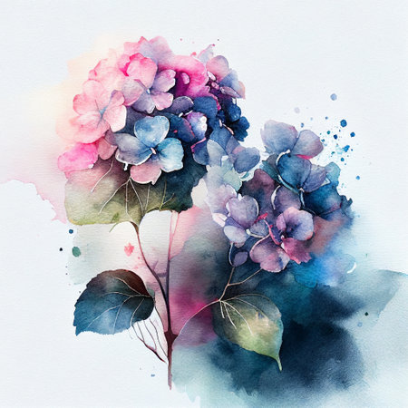 Generative AI. Blue hydrangea flowers, branches and leaves, watercolor painting on white paperの素材
