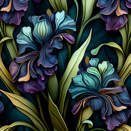 Irises in Art Nouveau style. Imitation of an old stained glass window. Generative AI.の素材
