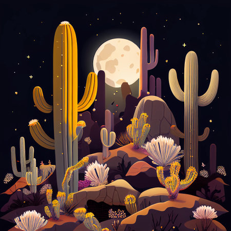 Desert african nature landscape with a cacti, rocks under night sky. Cartoon illustration. Generative AI.の素材