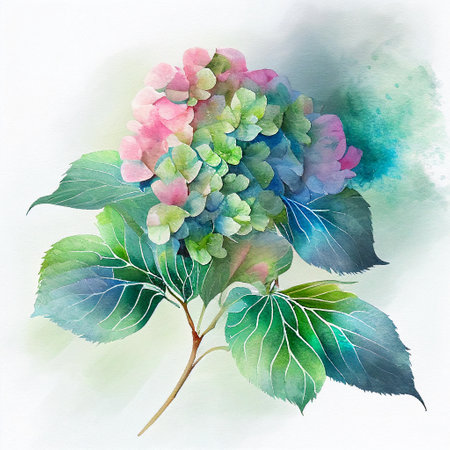 Generative AI. Blue hydrangea flowers, branches and leaves, watercolor painting on white paperの素材