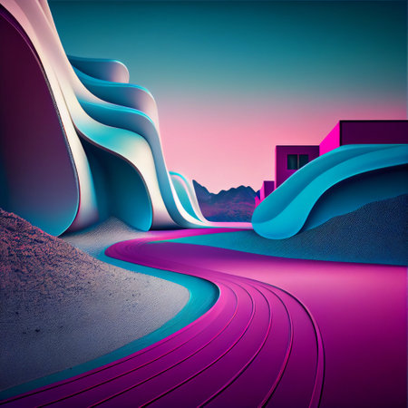 Nature lanscape with a pink road and mountain backround. Grunge cartoon style. Generative AI.の素材