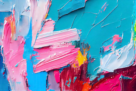 Rough bstract colorful oil painting on canvas. Oil paint texture with brush and palette knife strokes. Horizontal fragment. Aspect ratio 3:2 Generative AI.の素材