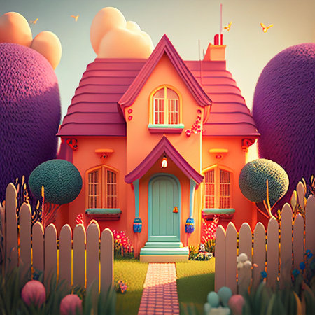 Cute little isometric cozy house with small garden. Generative AI.の素材
