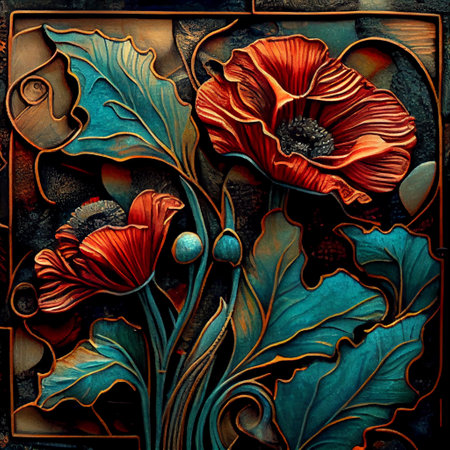 Poppy in Art Nouveau style. Imitation of an old stained glass window. Generative AI.の素材