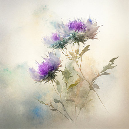 Generative AI. Blue knapweed flowers, branches and leaves, watercolor painting on white paperの素材