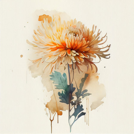 Generative AI. Chrysanthemum flowers, branches and leaves, watercolor painting on white paperの素材