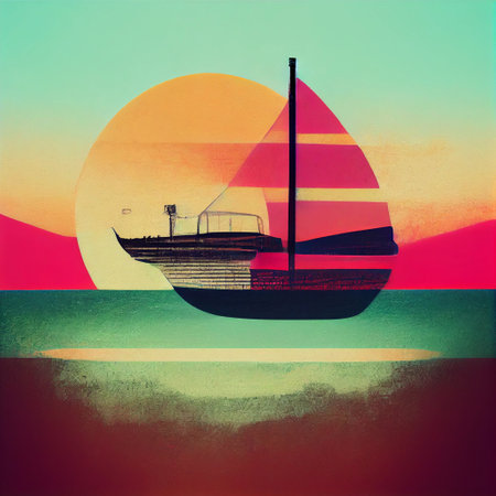 Generative AI. Retro grunge cartoon style illustration. The sea on sunset. Summertimeの素材